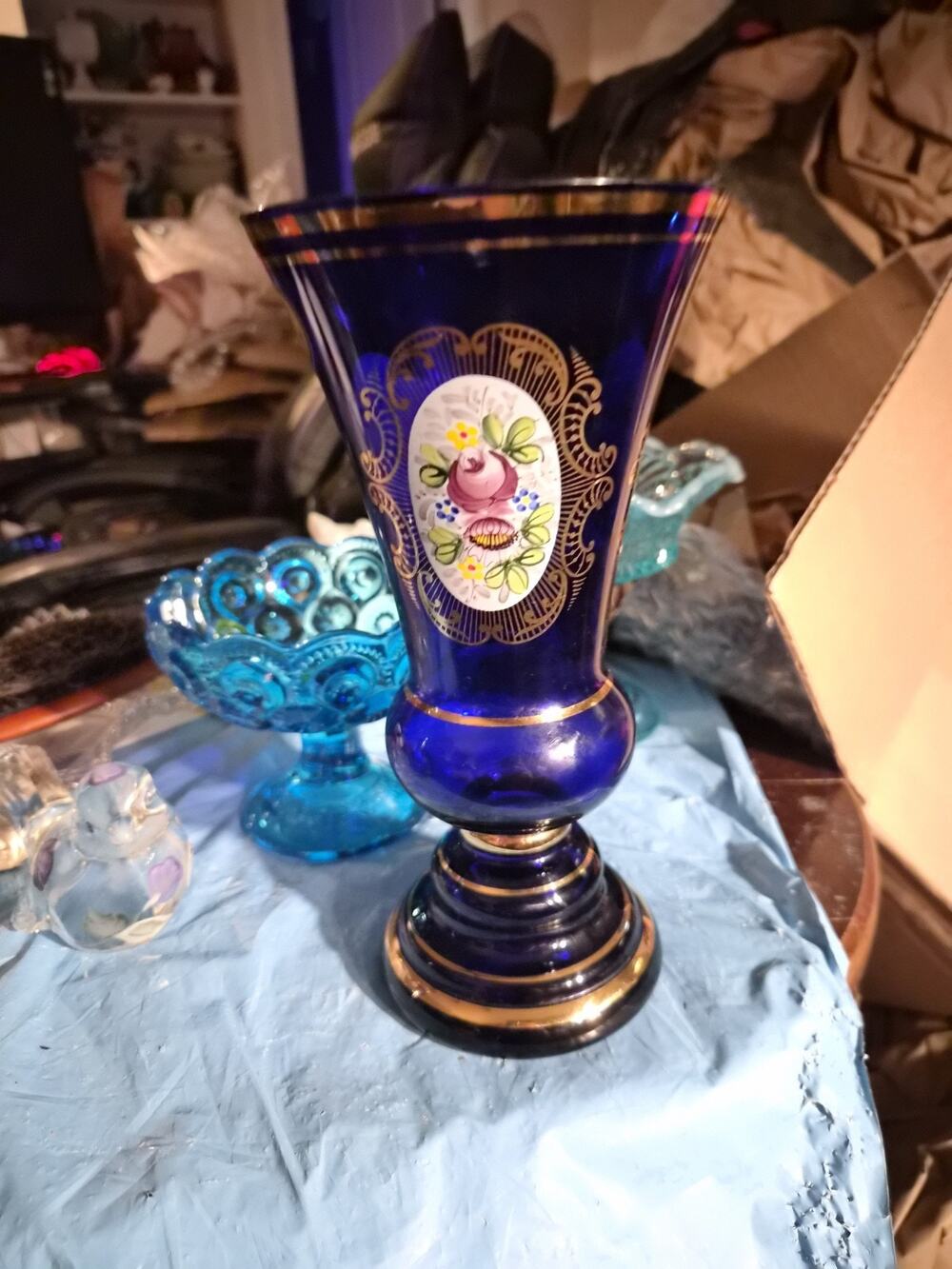 Vintage Bohemia Cobalt Blue Glass Vase Handpainted Colorful flowers Housed...